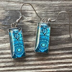 Mandala design turquoise color earrings with fish hook type dangle